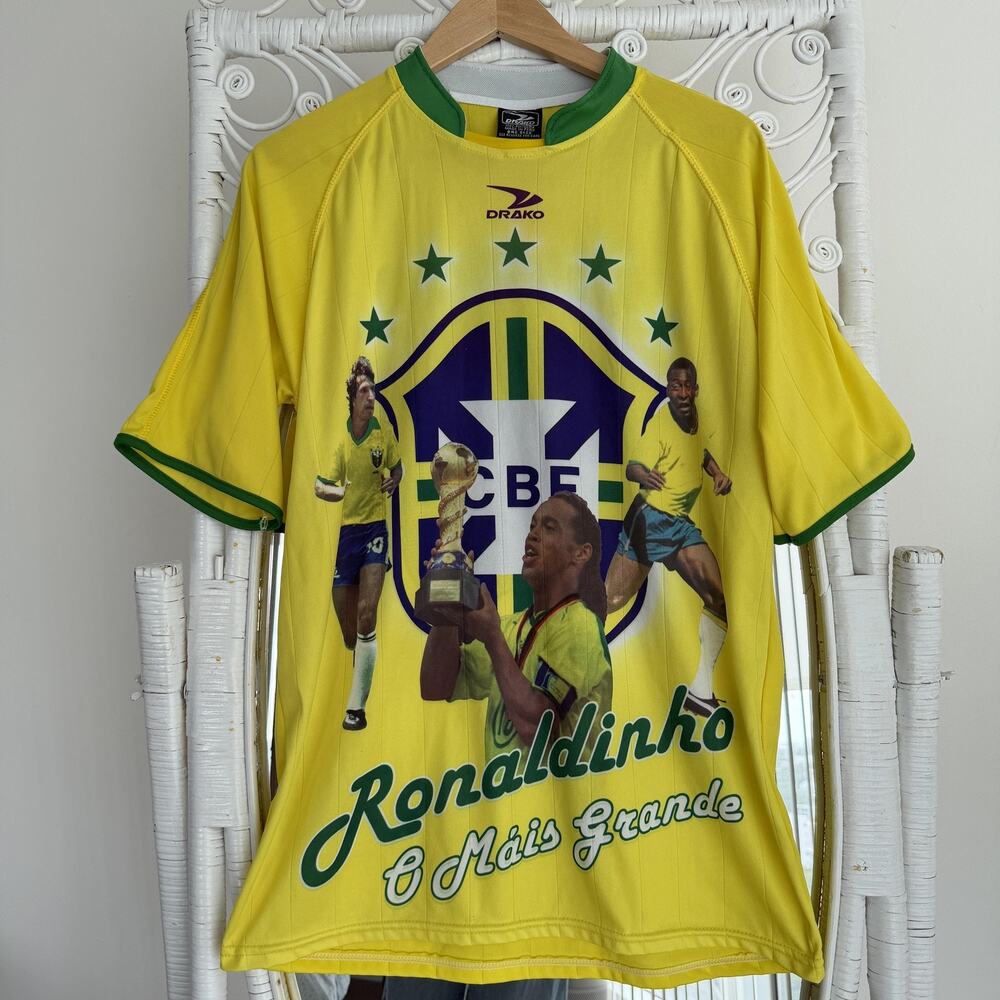 Drako Brazil Soccer Jersey Mens One Size Yellow Ronaldinho 10 Pele Fan Shirt Y2K